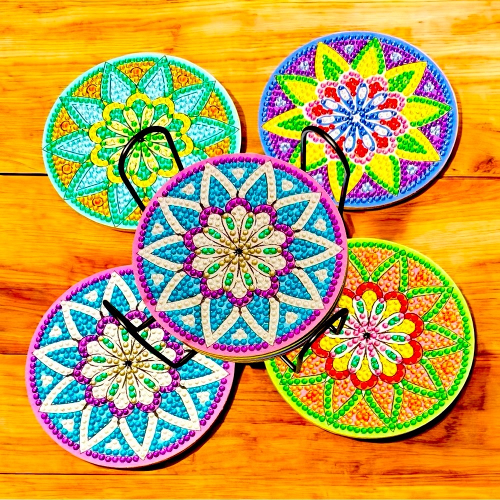 Mandala Coaster Set of 4 w/Holder Hand Crafted & Sealed Diamond Art 4”